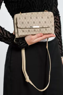Desenli Telefon Bölmeli Kadın Cüzdan Çanta Bej