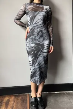 Desenli Uzun Kol Tül İç Astarlı Kadın Elbise Füme