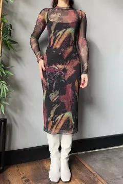 Desenli Uzun Kol Tül İç Astarlı Kadın Elbise Haki