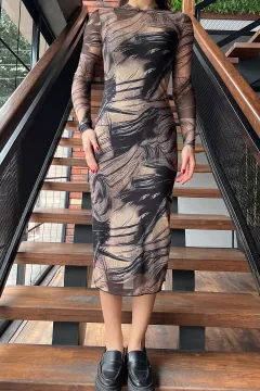 Desenli Uzun Kol Tül İç Astarlı Kadın Elbise Vizon
