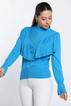 Dik Yaka Ön Fırfır Detaylı Kadın Triko Bluz Mavi
