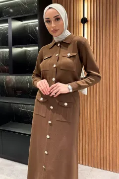 Düğme Detaylı Hırka Etek Tesettür Triko İkili Takım (s-m-l Beden Uyumludur) Kahve