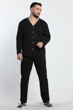 Düz Renk Ön Düğmeli Erkek Pijama Takımı Siyah