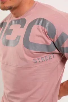 Erkek Bisiklet Yaka Baskılı Oversize T-shirt Pudra