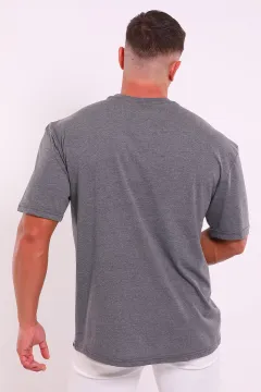 Erkek Bisiklet Yaka Baskılı Oversize T-shirt Koyugri