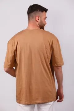 Erkek Bisiklet Yaka Baskılı Oversize T-shirt Camel