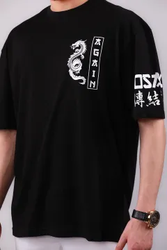 Erkek Bisiklet Yaka Baskılı Oversize T-shirt Siyah