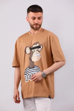 Erkek Bisiklet Yaka Baskılı Oversize T-shirt Camel