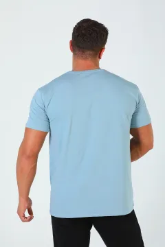 Erkek Bisiklet Yaka Baskılı T-shirt Mavi