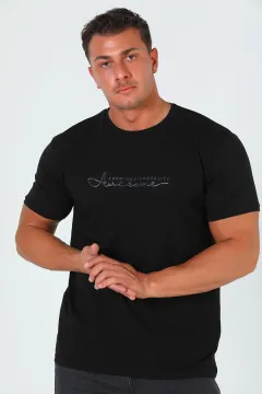 Erkek Bisiklet Yaka Baskılı T-shirt Siyah