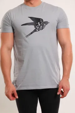 Erkek Bisiklet Yaka Baskılı T-shirt Gri