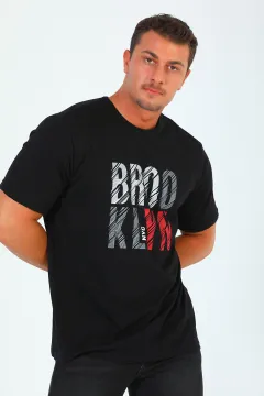 Erkek Bisiklet Yaka Brooklyn Baskılı T-shirt Siyah