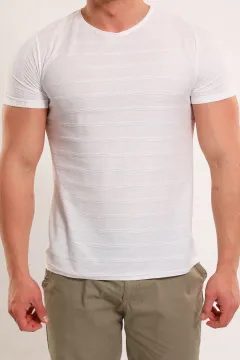 Erkek Bisiklet Yaka Çizgili Likralı T-shirt Krem