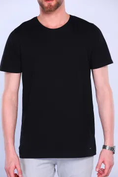 Erkek Bisiklet Yaka Kendinden Desenli Likralı T-shirt Siyah