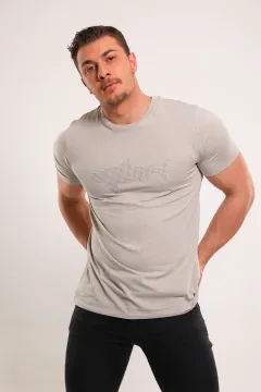 Erkek Bisiklet Yaka Ön Kabartmalı Likralı T-shirt Taş