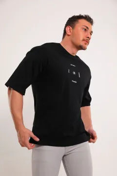Erkek Bisiklet Yaka Ön Ve Arka Baskılı Oversize T-shirt Siyah