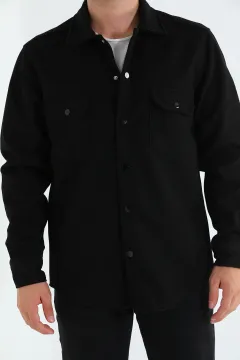 Erkek Çift Cepli Çıtçıtlı Kaşe Gömlek Ceket Siyah