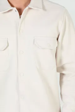 Erkek Çift Cepli Çıtçıtlı Kaşe Gömlek Ceket Bej