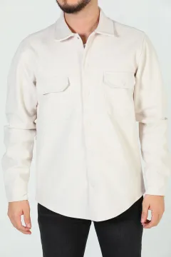 Erkek Çift Cepli Çıtçıtlı Kaşe Gömlek Ceket Bej
