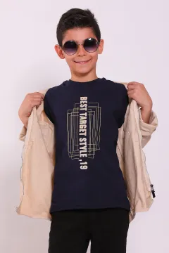 Erkek Çocuk Baskı Detaylı T-shirt Ceket İkili Takım Bej