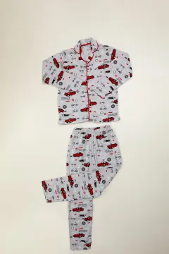 Erkek Çocuk Baskılı Düğmeli Pijama Takımı Gri
