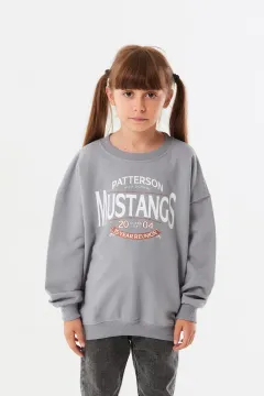 Kız Çocuk Baskılı Salaş Sweatshirt Gri