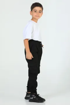 Erkek Çocuk Bel Ve Paça Lastikli Kargo Cepli Pantolon Siyah