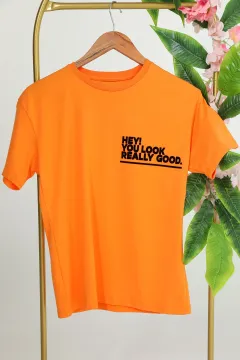 Erkek Çocuk Bisiklet Yaka Ön Ve Arka Yüzü Baskılı T-shirt Orange