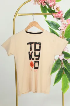 Erkek Çocuk Bisiklet Yaka Tokyo Baskılı T-shirt Bej