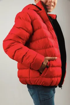 Erkek Çocuk Kapüşonlu İçi Peluşlu Şişme Mont Kırmızı