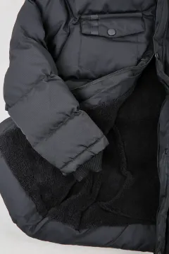 Erkek Çocuk Kapüşonu Kürklü İçi Peluşlu Şişme Mont Siyah