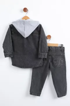 Erkek Çocuk Tişört Jean Kot Ceket Ve Pantolon Üçlü Takım Antrasit