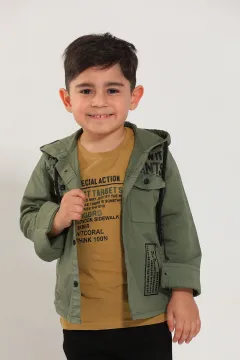 Erkek Çocuk Yazı Baskılı T-shirt Ceket İkili Takım Haki