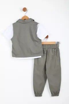 Erkek Çocuk Yelek Tişört Pantolon 3'lü Takım Haki