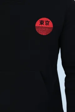 Erkek Kapüşonlu Arka Tokyo Yazı Baskılı Sweatshirt Siyah