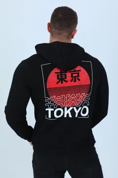 Erkek Kapüşonlu Arka Tokyo Yazı Baskılı Sweatshirt Siyah