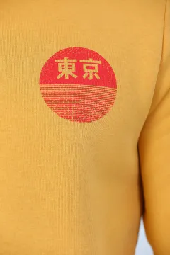 Erkek Kapüşonlu Arka Tokyo Yazı Baskılı Sweatshirt Hardal