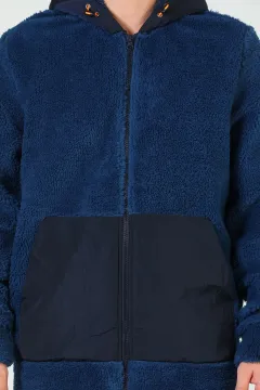 Erkek Kapüşonlu Fermuarlı Peluş Ceket Lacivert