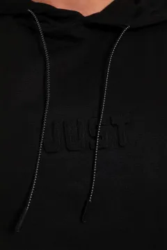 Erkek Kapüşonlu Kabartma Baskılı T-shirt Siyah