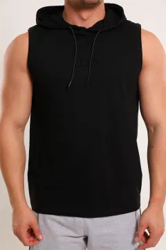 Erkek Kapüşonlu Kabartma Baskılı T-shirt Siyah