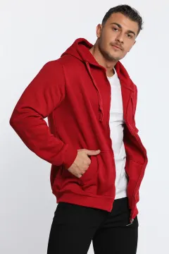 Erkek Kapüşonlu Kemik Fermuarlı Sweatshirt Kırmızı