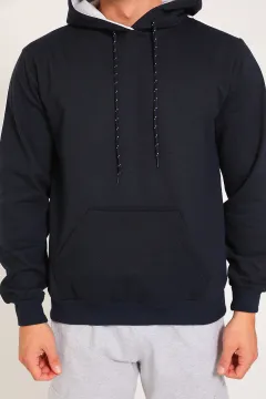 Erkek Kapüşonlu Şardonlu Kol Şerit Detaylı Sweatshirt Lacivert