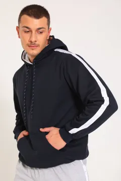 Erkek Kapüşonlu Şardonlu Kol Şerit Detaylı Sweatshirt Lacivert