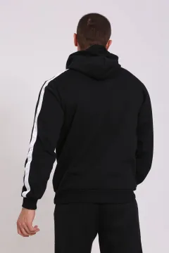 Erkek Kapüşonlu Şardonlu Kol Şerit Detaylı Sweatshirt Siyah