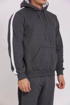 Erkek Kapüşonlu Şardonlu Kol Şerit Detaylı Sweatshirt Antrasit