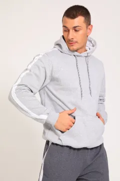 Erkek Kapüşonlu Şardonlu Kol Şerit Detaylı Sweatshirt Gri