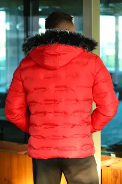 Erkek Kapüşonu Kürklü İçi Peluşlu Şişme Mont Kırmızı