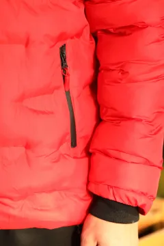 Erkek Kapüşonu Kürklü İçi Peluşlu Şişme Mont Kırmızı