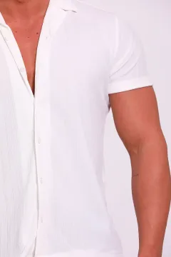 Erkek Kendinden Desenli Likralı Gömlek Krem