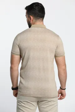 Erkek Kendinden Desenli Likralı Polo Yaka Tişört Bej